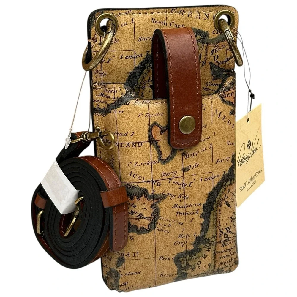 Patricia Nash Farleigh Leather Crossbody Phone Case European Map Print Brown Tan
